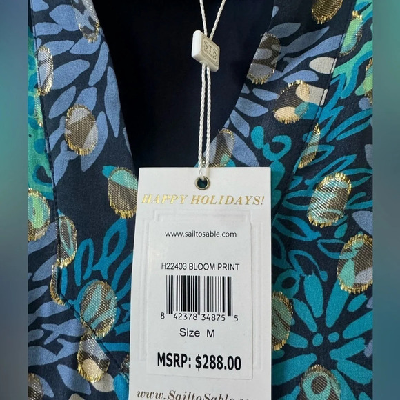 NWT STS Sail to Sable Floral Silk Teal, Blue anf Gold Metallic Dress size Medium - Picture 5 of 10